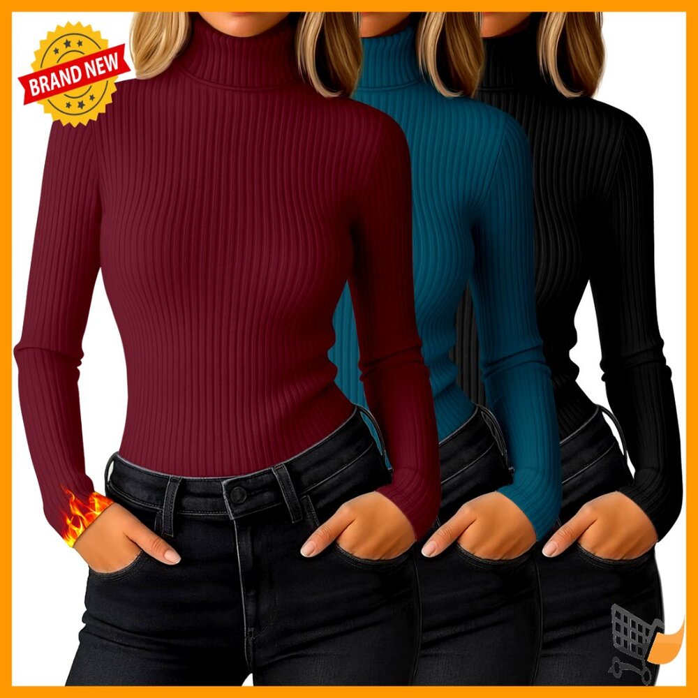 Ribbed Thermal Turtleneck Tops Long Sleeve Stretch Fitted Lightweight Base Layer